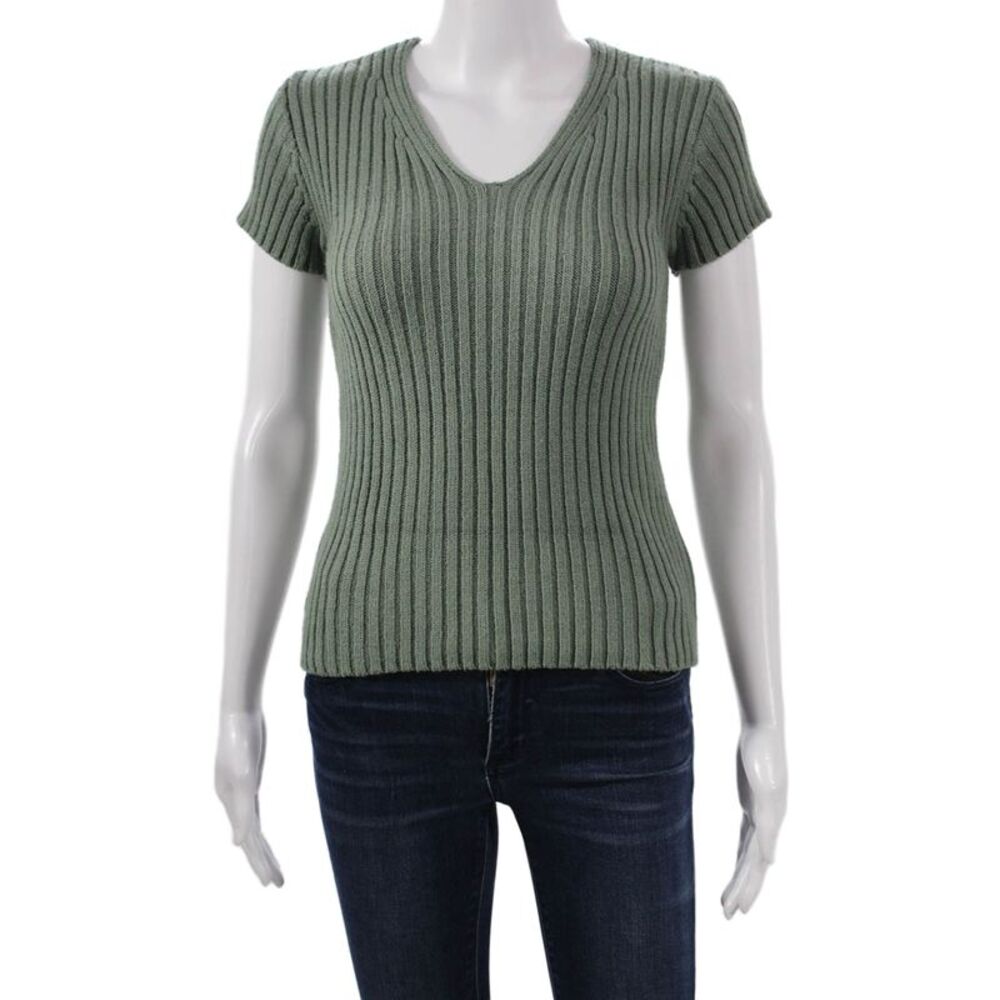 Kenneth Cole Womens Green Striped V-Neck T-Shirt Rayon Short Sleeve Size M